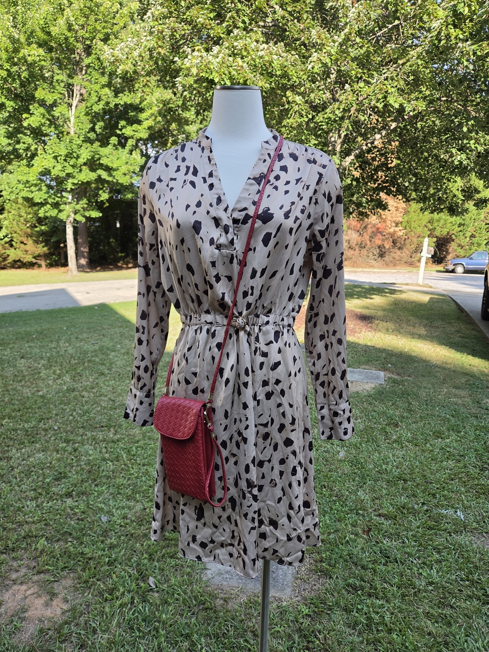 H&M Beige Long Sleeve Shirtdress with Black Spot Print